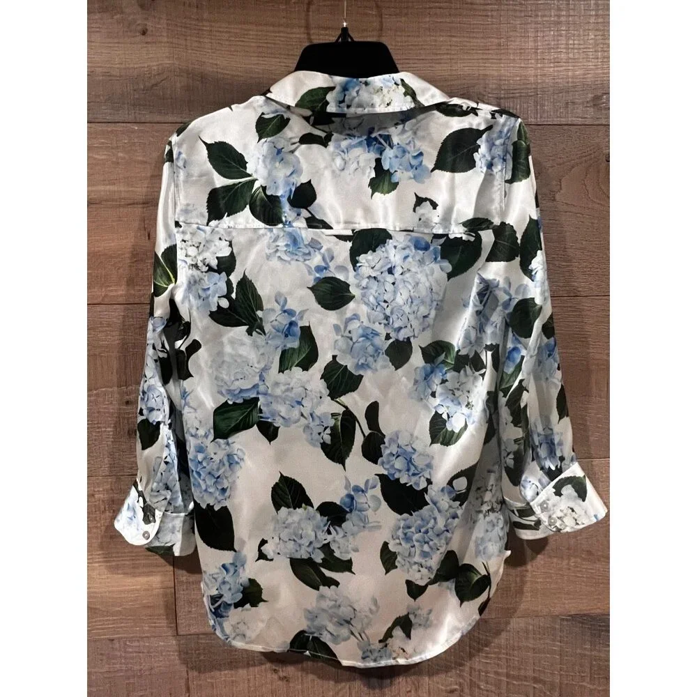 L'Agence DANI SILK IVORY/LIGHT BLUE HYDRANGEA BLOUSE TOP SIZE XS - Picture 7 of 10